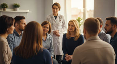 Врач стоит и проводит психотерапию для пациентов